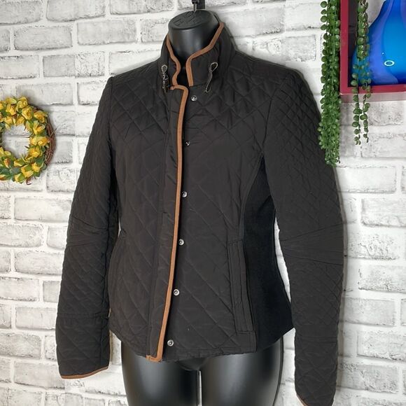 Zara Woman Lightweight Puffer Coat Jacket Black & Tan Size Small - Picture 1 of 9
